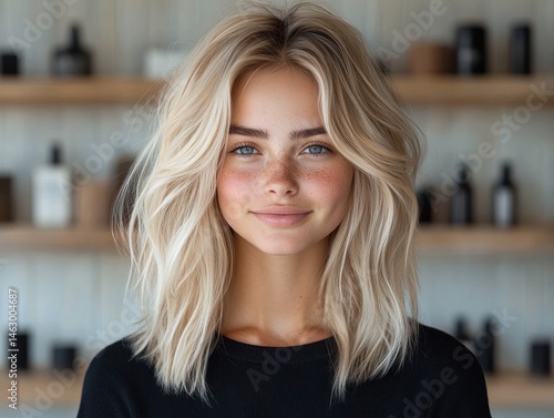 Obraz na płótnie Young woman with long tousled blonde hair and blue eyes smiling softly with a blurred shelf background w salonie