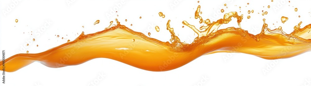 dynamic splash of golden liquid flowing and splashing against a white background with droplets suspended in midair