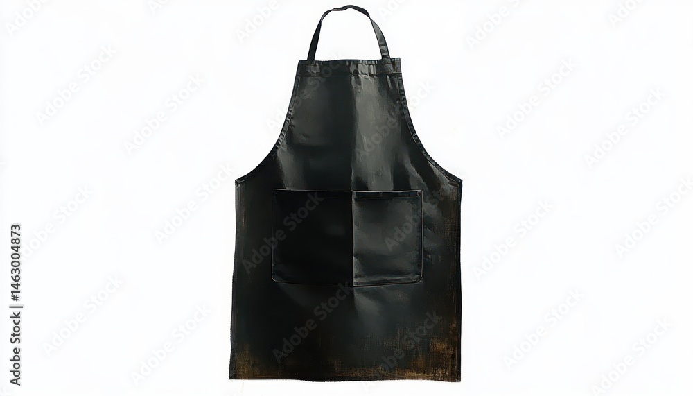 Simple plain black apron with neck strap and front pocket on white background