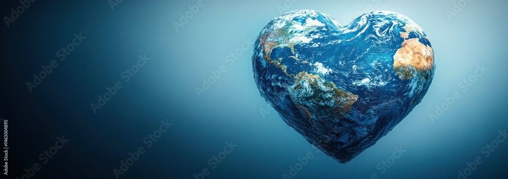 Heart-shaped planet Earth floating in a blue gradient background representing love and care for the world