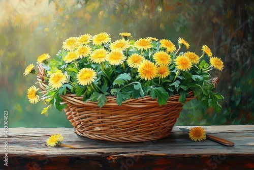 A woven basket filled with vibrant yellow flowers sitting on a rustic wooden surface with soft natural light illuminating the scene, evoking a peaceful and warm atmosphere