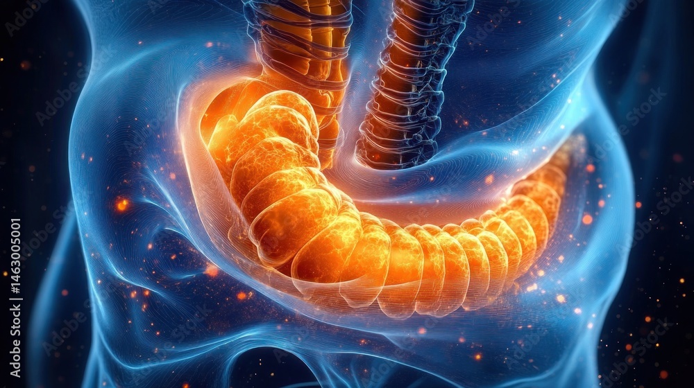 3d medical visualization of the human large intestine glowing orange inside a translucent torso with surrounding skeletal and soft tissue structures