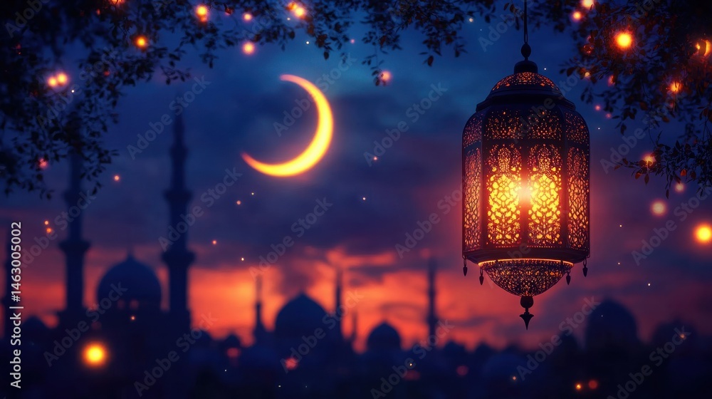 ornate lantern glowing warmly under tree branches with glowing fireflies against a twilight sky featuring a bright crescent moon and silhouette of domed and minaret architecture
