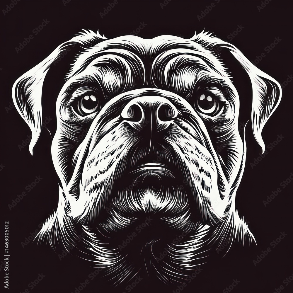 Close-up detailed monochrome illustration of a pug dog face showing expressive eyes and textured fur on a black background