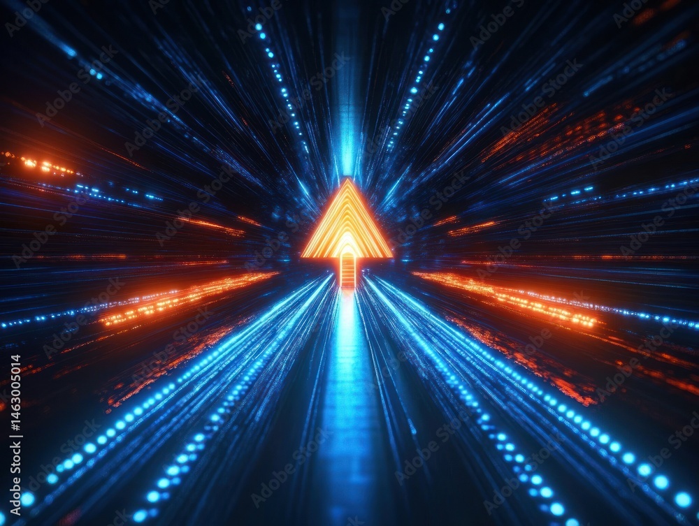 Glowing orange arrow pointing forward surrounded by dynamic streaks of blue and orange lights creating a sense of speed and futuristic movement