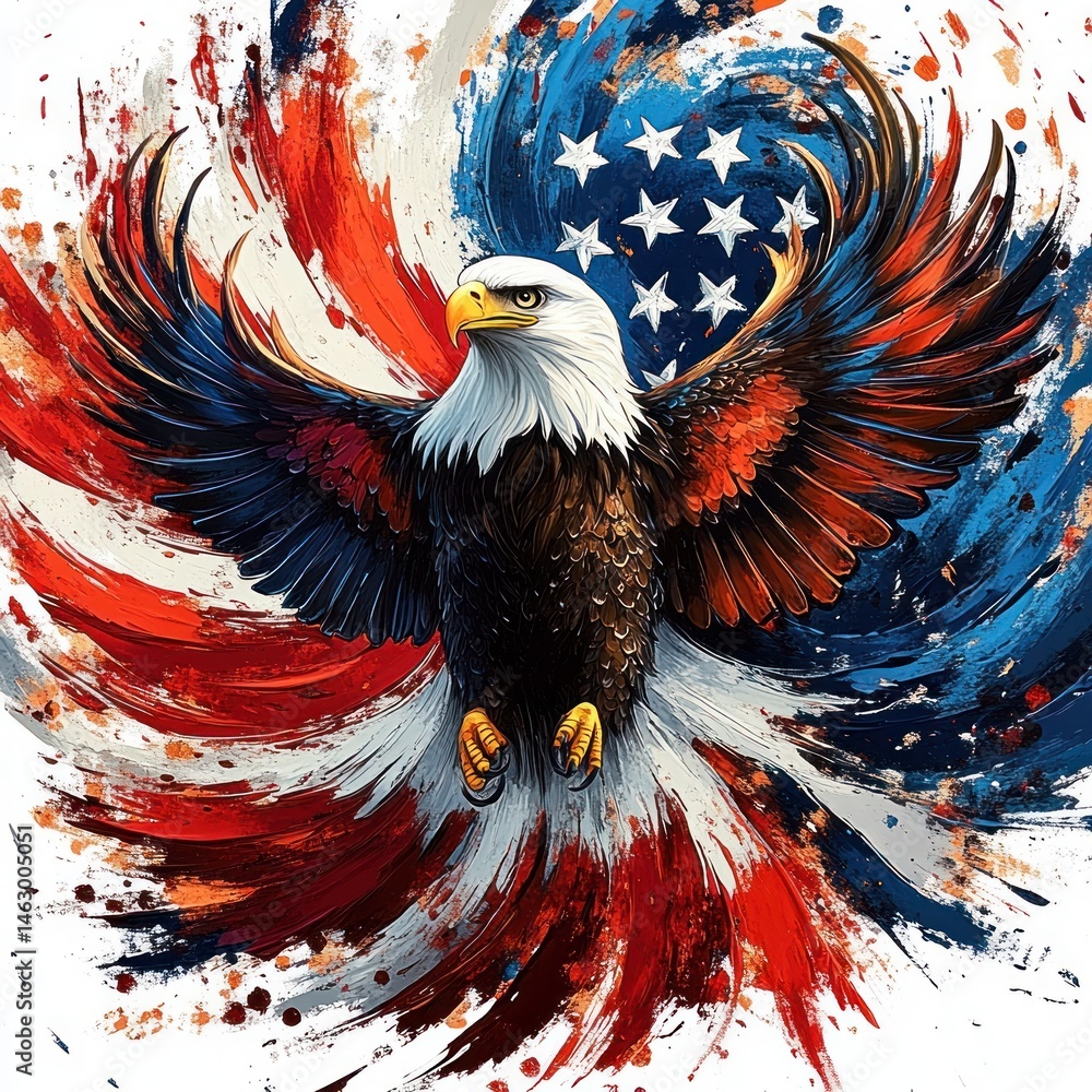 Illustration of a majestic bald eagle with wings spread wide, surrounded by a vibrant swirling background of red, white, and blue reminiscent of an abstract flag, evoking strength and freedom