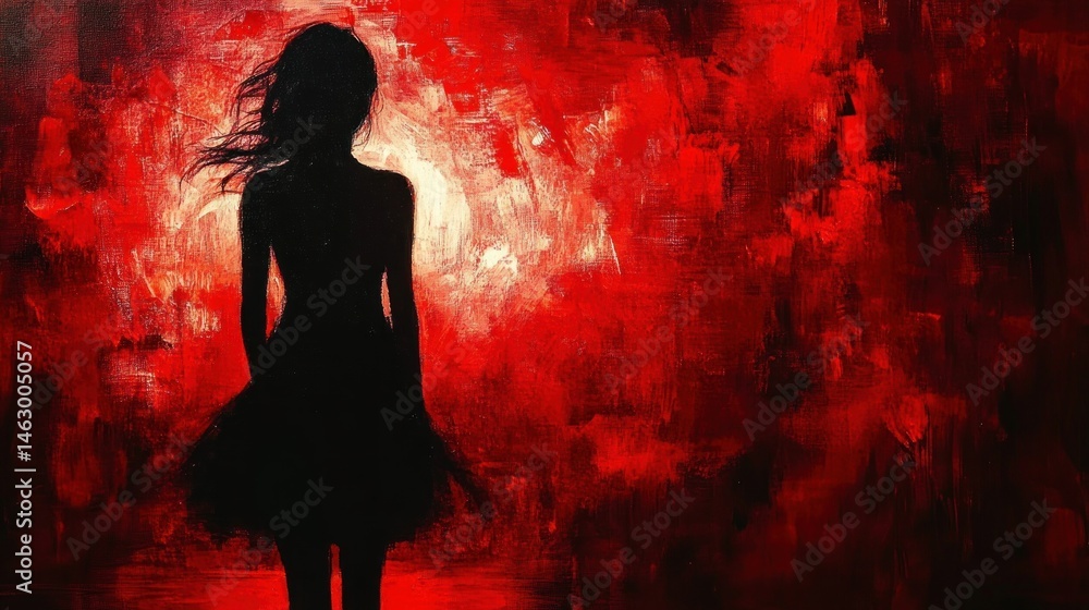 Silhouette of a woman with flowing hair standing against a vivid textured red and white abstract background, evoking mystery and intensity