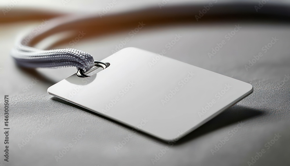 close-up of a blank white rectangular tag attached to a gray woven lanyard lying on a smooth gray surface with soft shadows