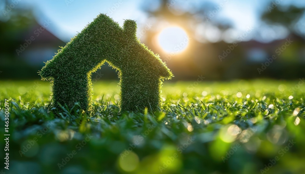 Two small house-shaped figures covered in grass sitting on green lawn illuminated by warm sunlight with blurred background