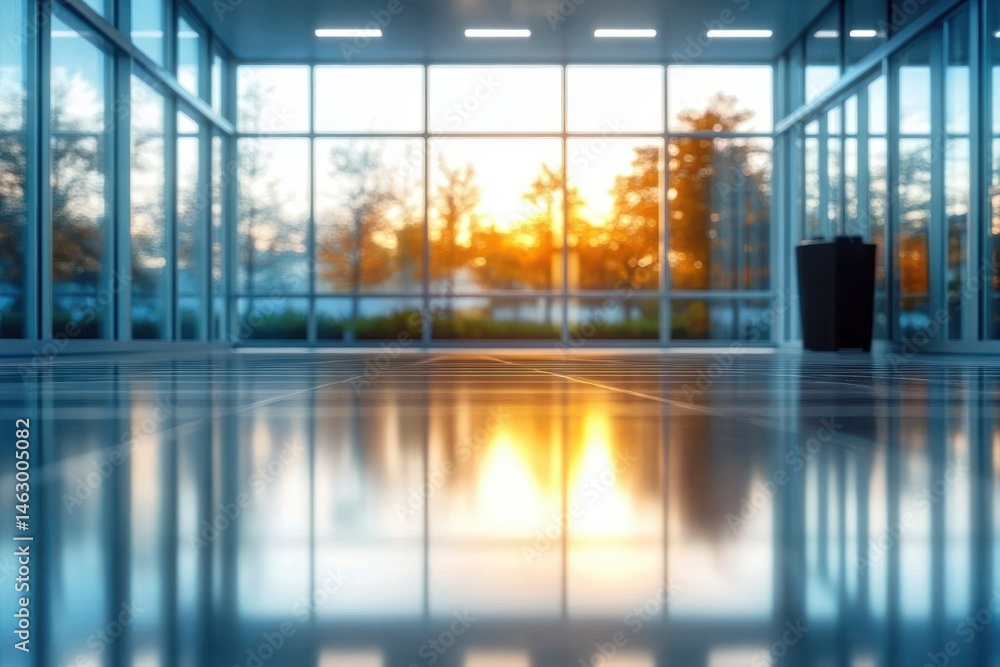 Spacious modern empty room with large glass windows showing orange sunset reflection on shiny floor