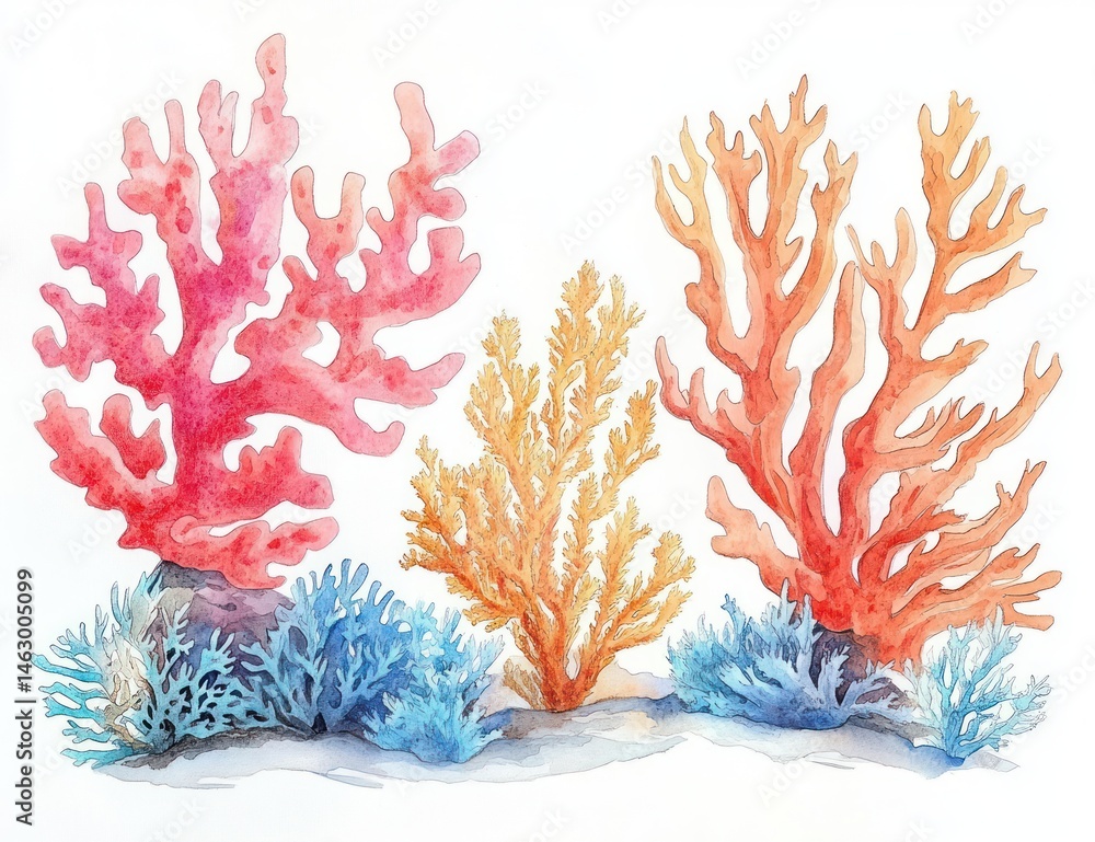 Colorful watercolor painting of various coral formations in red, orange, and blue hues creating an underwater scene with delicate textures and natural shapes