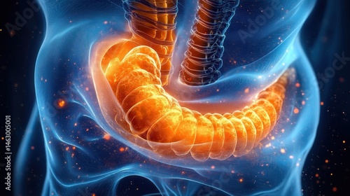 Obraz na płótnie 3d medical visualization of the human large intestine glowing orange inside a translucent torso with surrounding skeletal and soft tissue structures w salonie