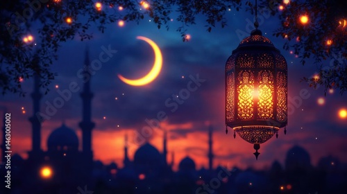Obraz na płótnie ornate lantern glowing warmly under tree branches with glowing fireflies against a twilight sky featuring a bright crescent moon and silhouette of domed and minaret architecture w salonie