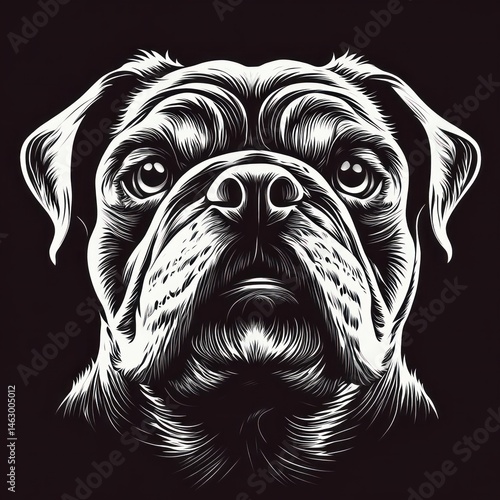 Obraz na płótnie Close-up detailed monochrome illustration of a pug dog face showing expressive eyes and textured fur on a black background w salonie