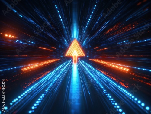 Obraz na płótnie Glowing orange arrow pointing forward surrounded by dynamic streaks of blue and orange lights creating a sense of speed and futuristic movement w salonie