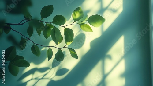 green leaves illuminated by soft sunlight casting shadows on a pale green wall with window patterns