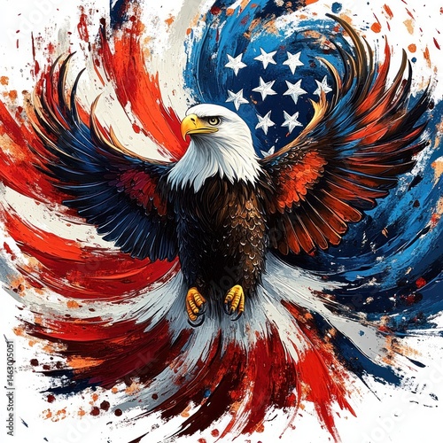 Obraz na płótnie Illustration of a majestic bald eagle with wings spread wide, surrounded by a vibrant swirling background of red, white, and blue reminiscent of an abstract flag, evoking strength and freedom w salonie