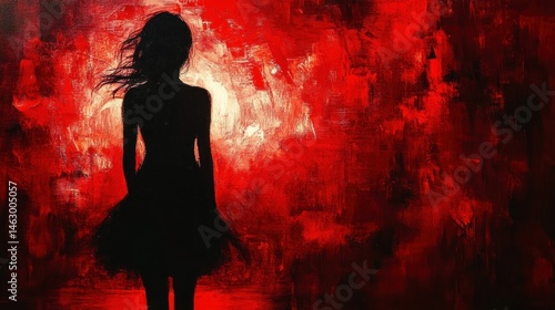 Obraz na płótnie Silhouette of a woman with flowing hair standing against a vivid textured red and white abstract background, evoking mystery and intensity w salonie