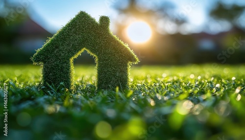 Obraz na płótnie Two small house-shaped figures covered in grass sitting on green lawn illuminated by warm sunlight with blurred background w salonie