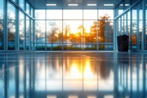 Obraz na płótnie Spacious modern empty room with large glass windows showing orange sunset reflection on shiny floor w salonie