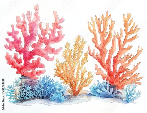 Obraz na płótnie Colorful watercolor painting of various coral formations in red, orange, and blue hues creating an underwater scene with delicate textures and natural shapes w salonie