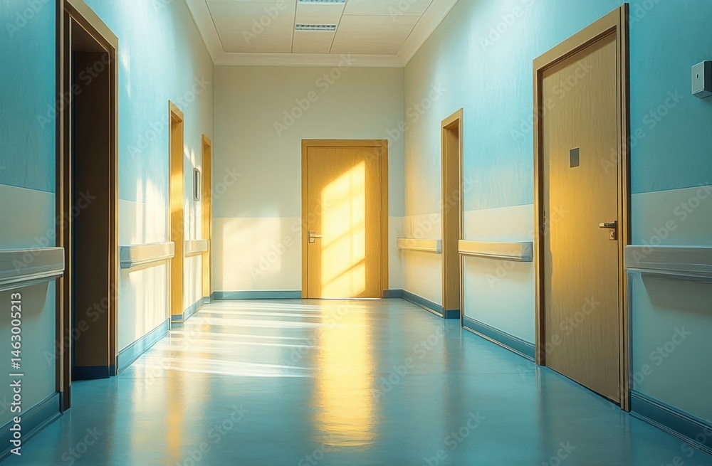 Empty brightly lit corridor with several closed light wood doors and handrails along light blue walls