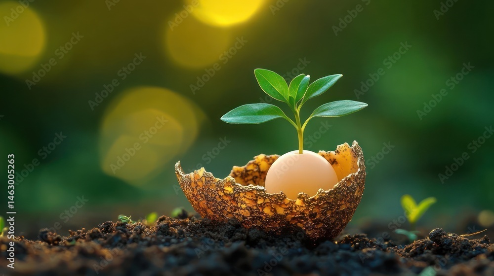 Young green plant sprouting from an egg surrounded by cracked shell on soil with blurred bright background symbolizing growth and new beginnings