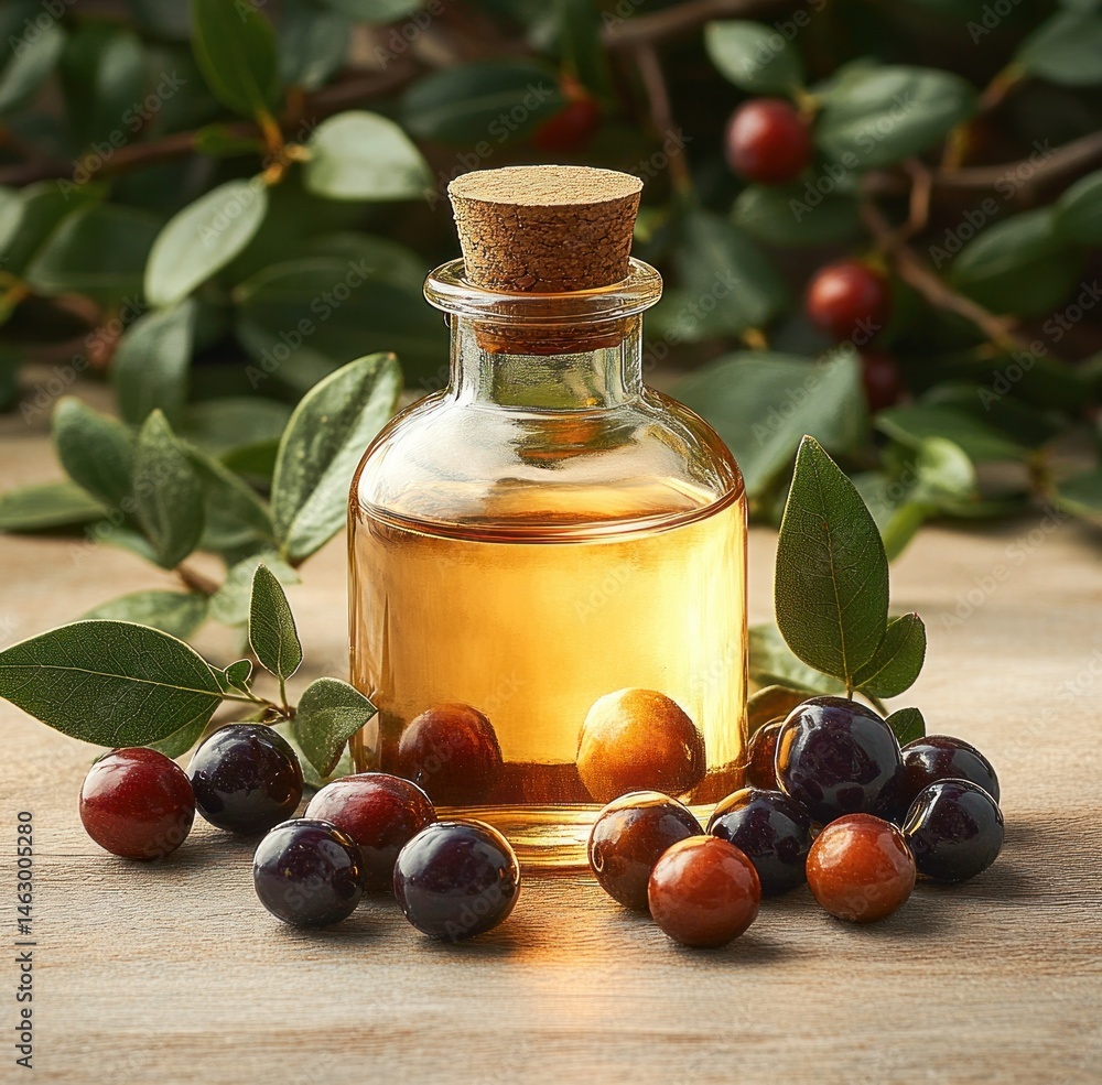 Small glass bottle filled with golden liquid surrounded by fresh ripe berries and green leaves on wooden surface with natural background