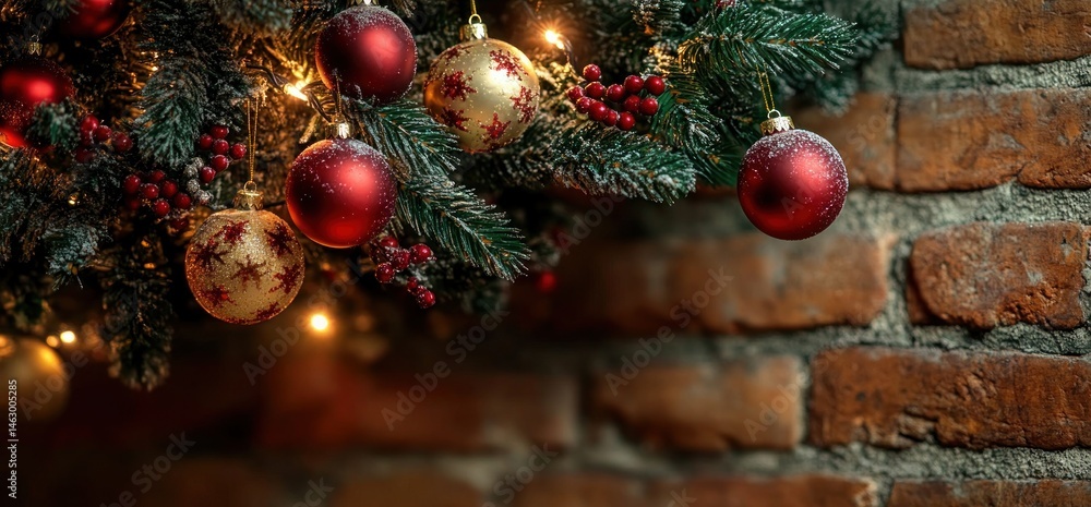 Close-up of festive Christmas evergreen branches decorated with red and gold baubles and berries against a rustic brick wall background with warm lighting