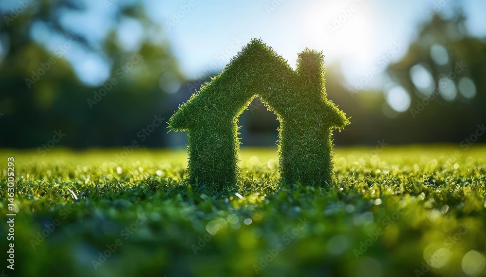 Small house shape made of green grass standing on lush grass field under bright sunlight with blurred trees in background