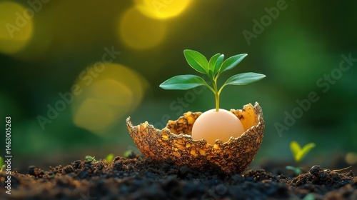 Young green plant sprouting from an egg surrounded by cracked shell on soil with blurred bright background symbolizing growth and new beginnings