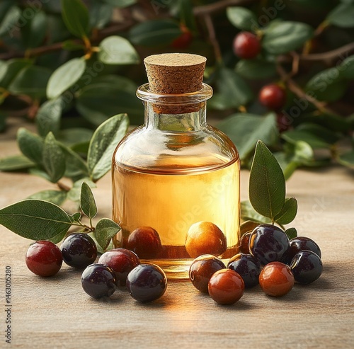 Obraz na płótnie Small glass bottle filled with golden liquid surrounded by fresh ripe berries and green leaves on wooden surface with natural background w salonie