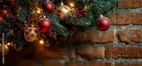 Obraz na płótnie Close-up of festive Christmas evergreen branches decorated with red and gold baubles and berries against a rustic brick wall background with warm lighting w salonie