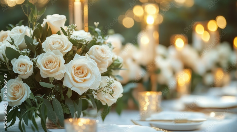Close-up of elegant white rose floral arrangement with green foliage on a table decorated with lit candles creating a warm and intimate atmosphere
