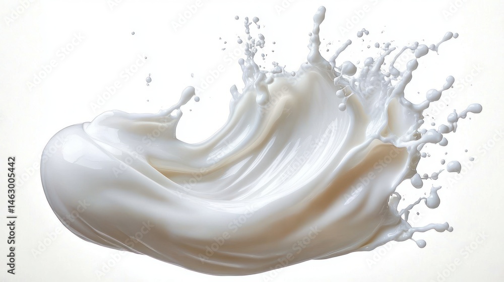 Close-up of a dynamic splash of white liquid captured mid-air with droplets suspended, showcasing fluid motion and smooth texture against a plain background