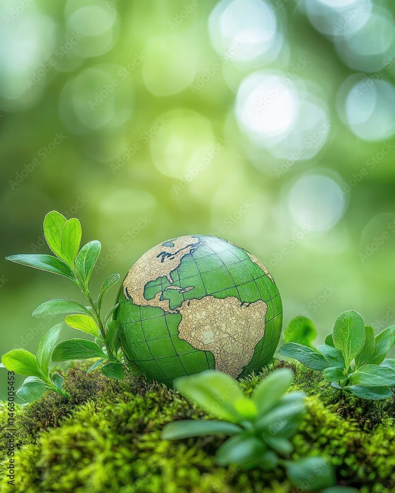 Small globe resting on vibrant green moss surrounded by fresh green leaves with blurred natural sunlight background conveying environmental care