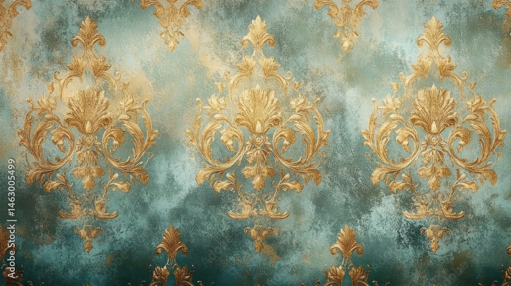 ornate golden floral damask pattern on textured turquoise and blue background evoking classic elegance and vintage style