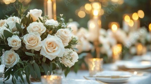 Obraz na płótnie Close-up of elegant white rose floral arrangement with green foliage on a table decorated with lit candles creating a warm and intimate atmosphere w salonie