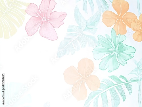 Wallpaper Mural An illustration with white base and soft Hawaiian flowers and palm leaves in pastel tones for a relaxed summer mood Torontodigital.ca