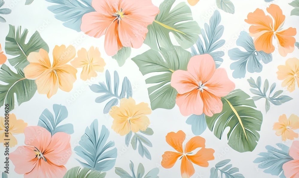 An illustration with white base and soft Hawaiian flowers and palm leaves in pastel tones for a relaxed summer mood An illustration with white base and soft Hawaiian flowers and palm leaves in pastel tones for a relaxed summer mood