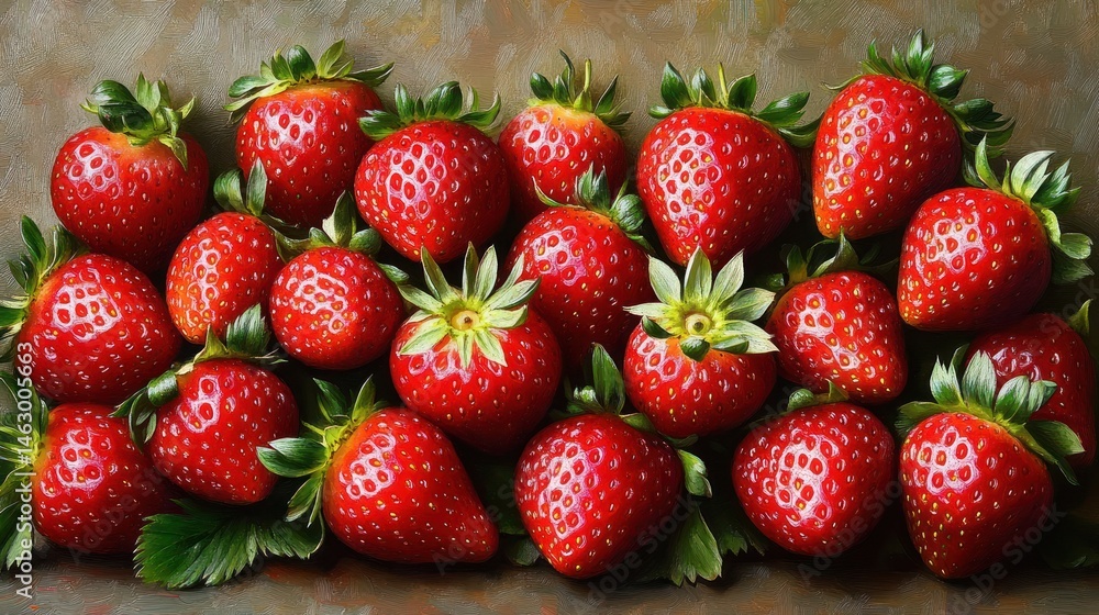 Close-up of fresh, ripe strawberries with green leaves arranged closely together on a brown surface conveying freshness and natural appeal