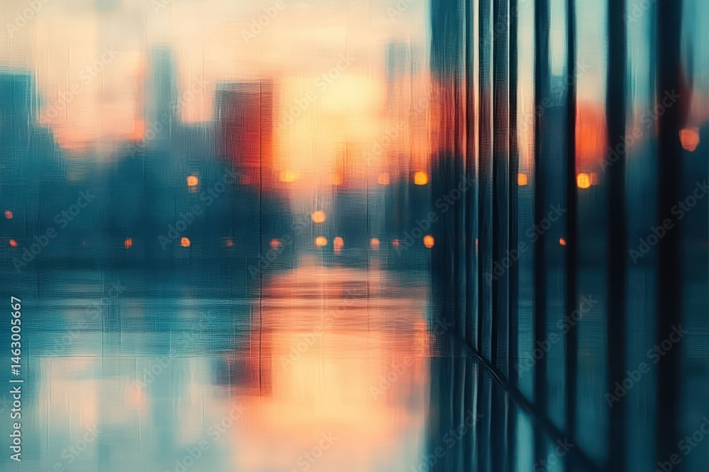 blurred cityscape at sunset with glowing lights reflected on glass building and wet pavement conveying calm evening atmosphere