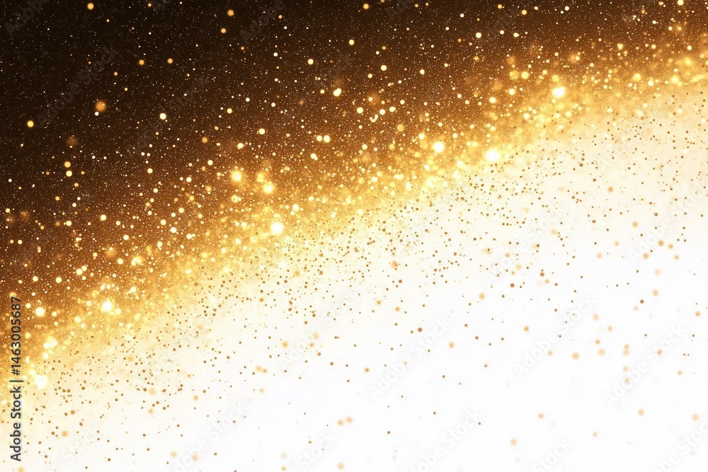 Abstract golden glitter and sparkles scattered across a gradient background transitioning from dark to bright white, evoking a festive and magical atmosphere