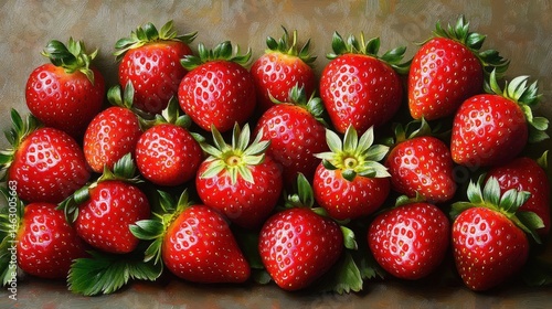 Obraz na płótnie Close-up of fresh, ripe strawberries with green leaves arranged closely together on a brown surface conveying freshness and natural appeal w salonie
