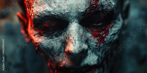 Obraz na płótnie Close-up of a haunting zombie face with pale, cracked skin and dark eye sockets stained with blood, emitting an eerie and unsettling atmosphere w salonie