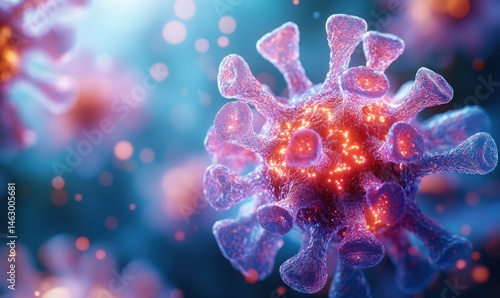 Close-up view of a glowing virus particle with spike proteins in a blue and orange illuminated environment, depicting a microscopic pathogen