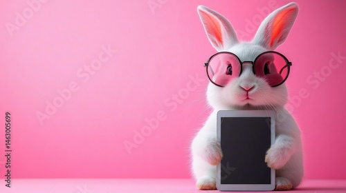 white rabbit wearing round pink sunglasses holding a blank digital tablet against a bright pink background, playful and cute expression