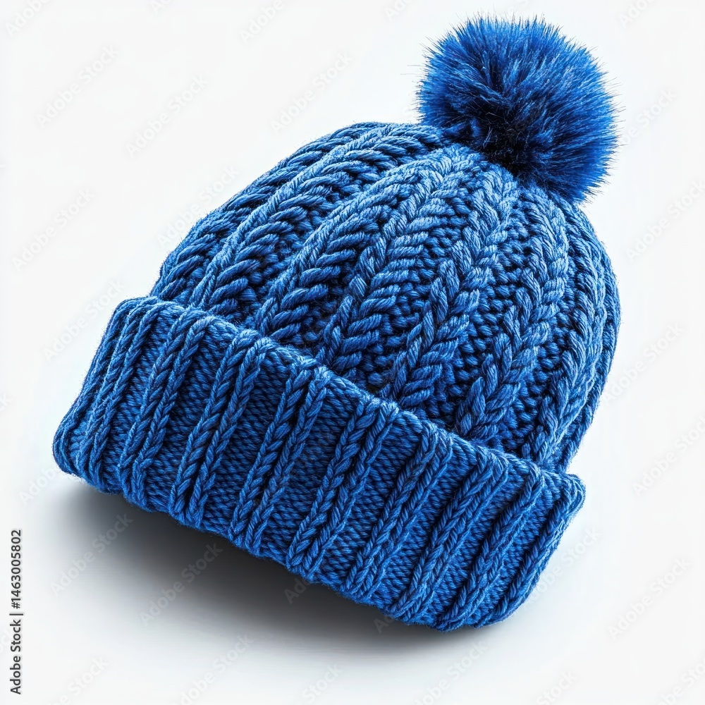 blue knitted winter hat with pom pom on top isolated on white background