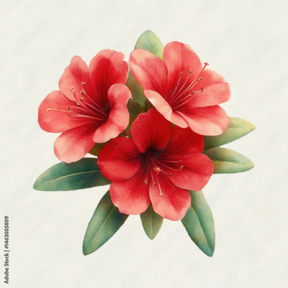 Close-up of three vibrant red flowers with detailed petals and stamens surrounded by green leaves on a light background