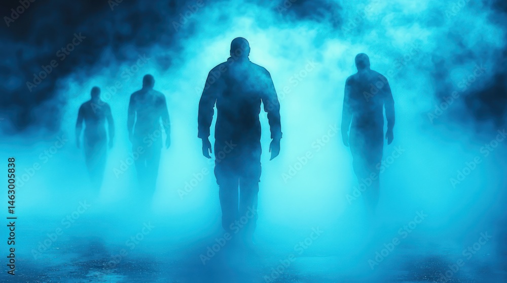 Four shadowy figures walking through dense blue fog creating an eerie and mysterious atmosphere